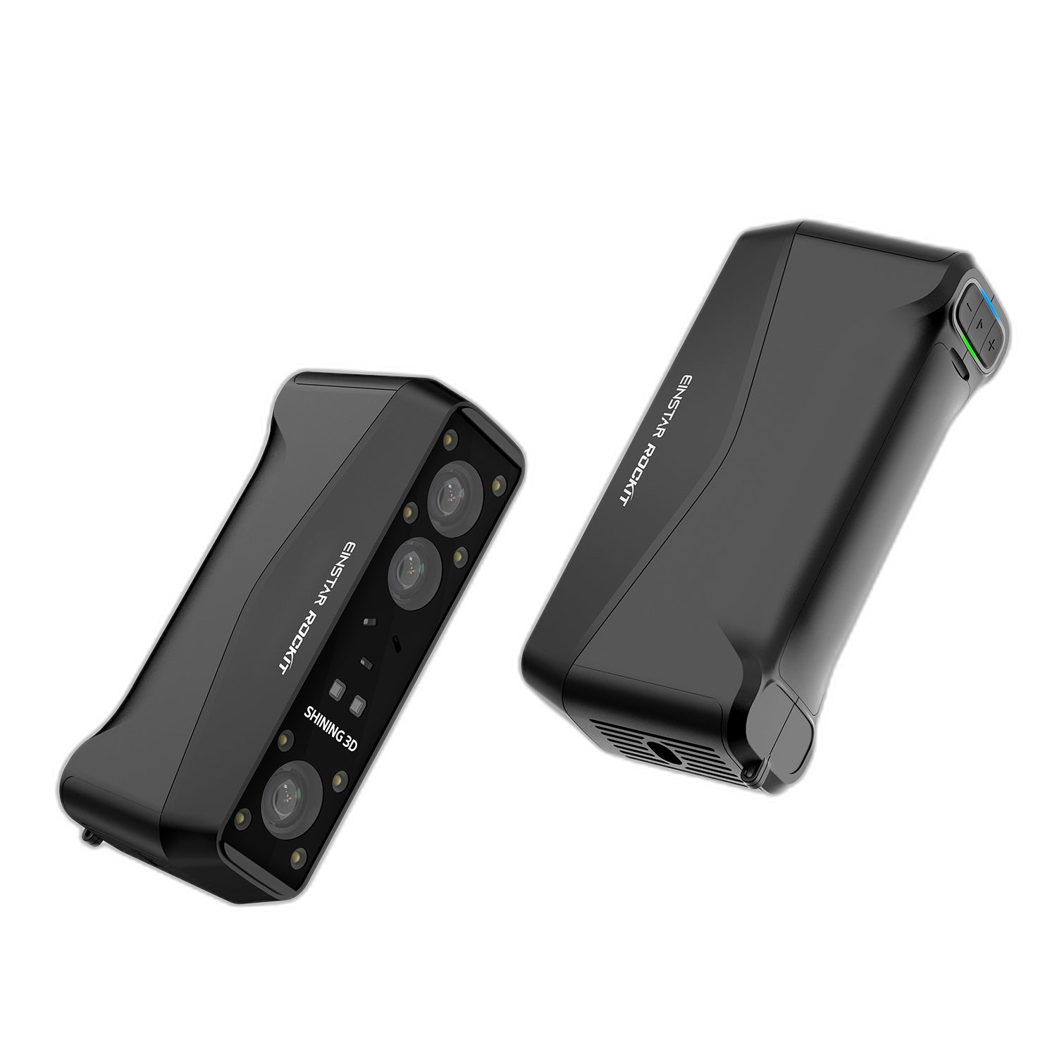 EINSTAR Rockit front and back views &mdash; dual-camera optical face and battery-side of the handheld scanner