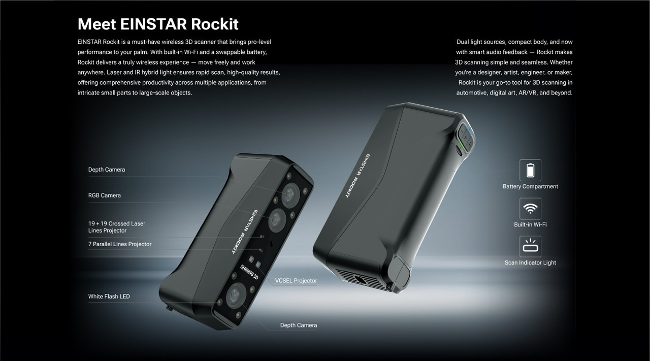EINSTAR Rockit hardware callout diagram &mdash; depth cameras, RGB camera, 19+19 crossed laser projector, 7 parallel lines projector, VCSEL projector, battery compartment, built-in Wi-Fi