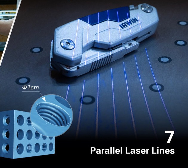 EINSTAR Rockit 7 parallel blue laser lines scanning a reflective utility knife &mdash; fine-feature capture with deep-hole inset detail