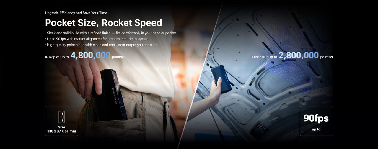EINSTAR Rockit sliding into a trouser pocket &mdash; pocket-sized 130 x 37 x 61 mm scanner you take to the job