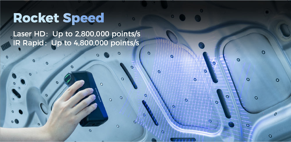 EINSTAR Rockit laser-scanning a car hood inner panel &mdash; dense blue laser mesh on sheet metal