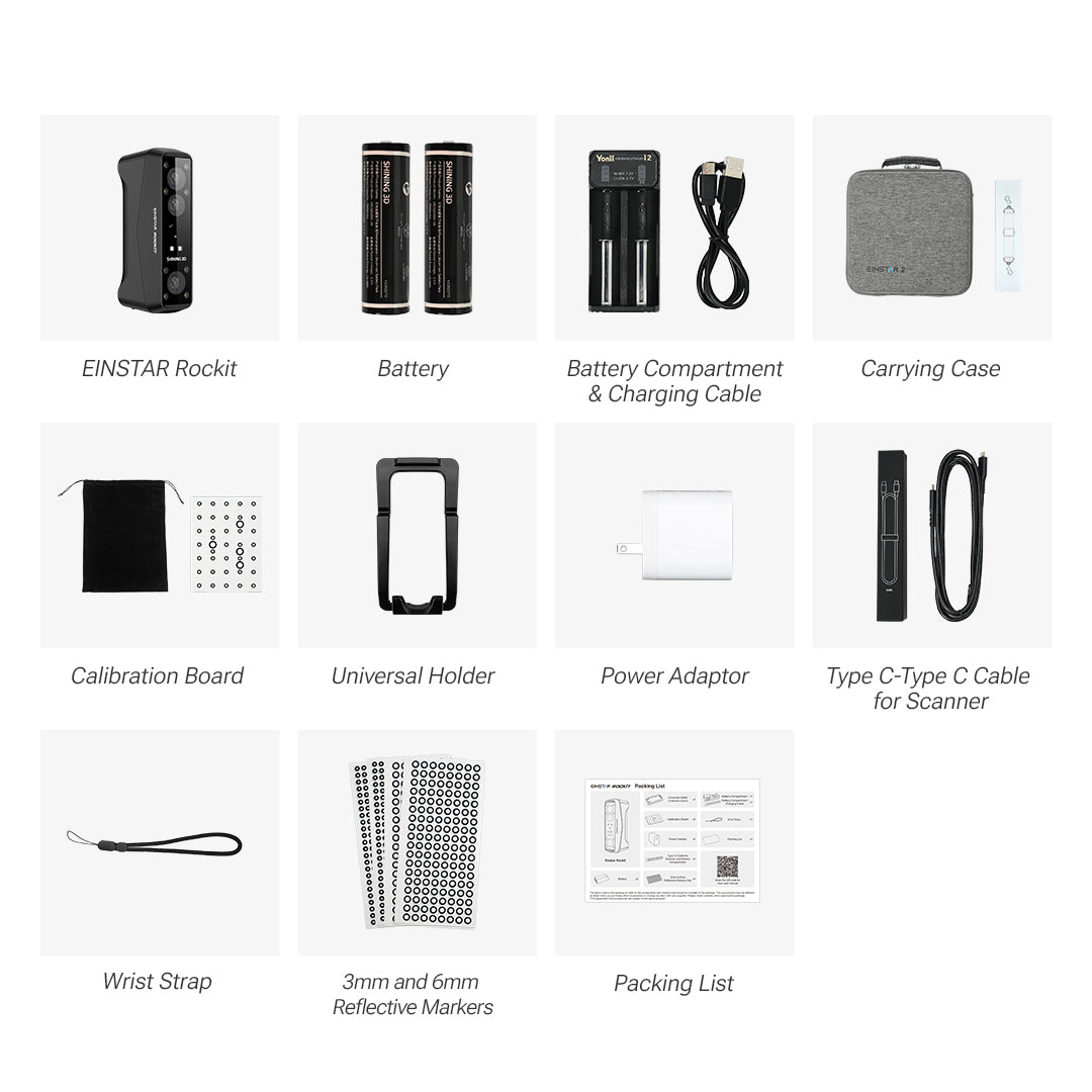 EINSTAR Rockit what's in the box &mdash; scanner, two batteries, charging dock, carrying case, calibration board, holder, power adaptor, USB-C cable, wrist strap, markers, packing list