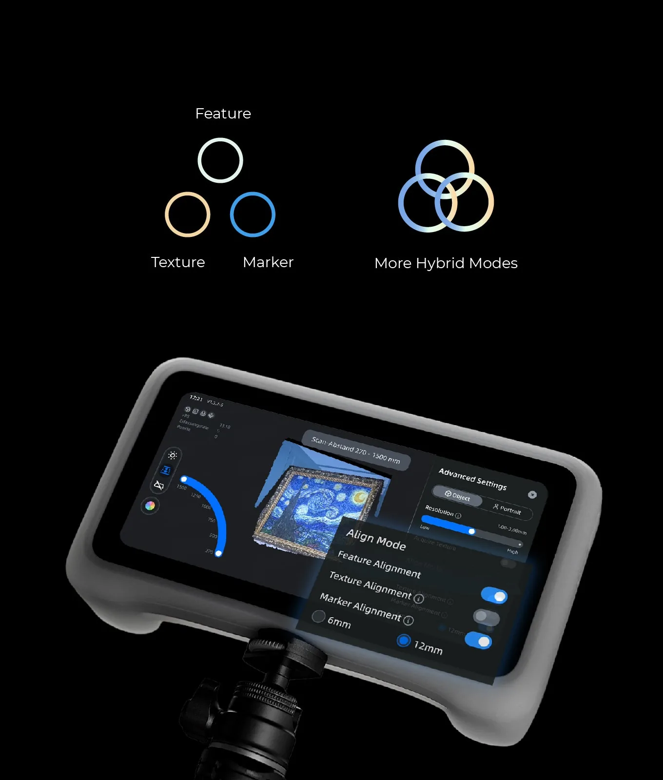 EINSTAR Vega alignment modes — feature, texture, marker and hybrid — shown with the on-device advanced settings panel