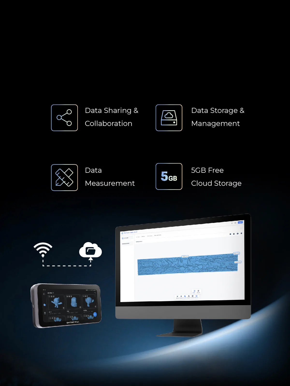 EINSTAR Vega syncing scan data to SHINING 3D Cloud on a desktop for sharing, storage, measurement and collaboration