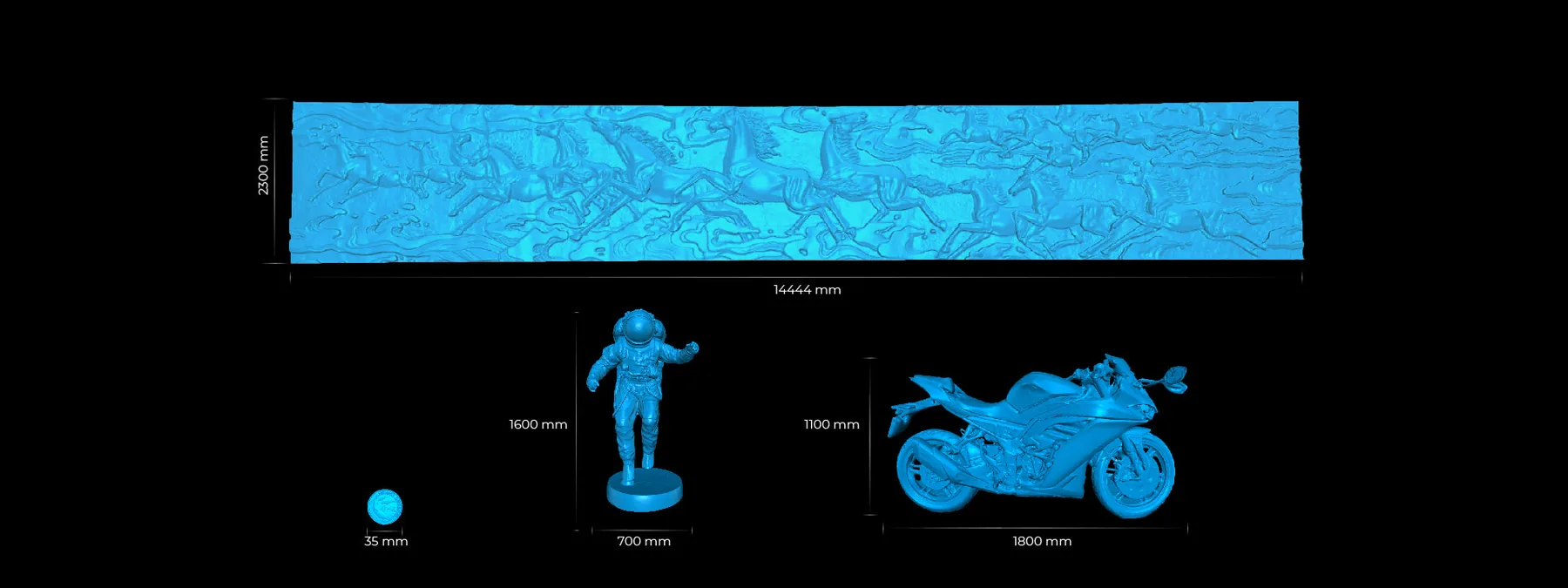 EINSTAR Vega scan-result scale comparison — a coin, a human figure, a motorcycle and a multi-meter relief wall