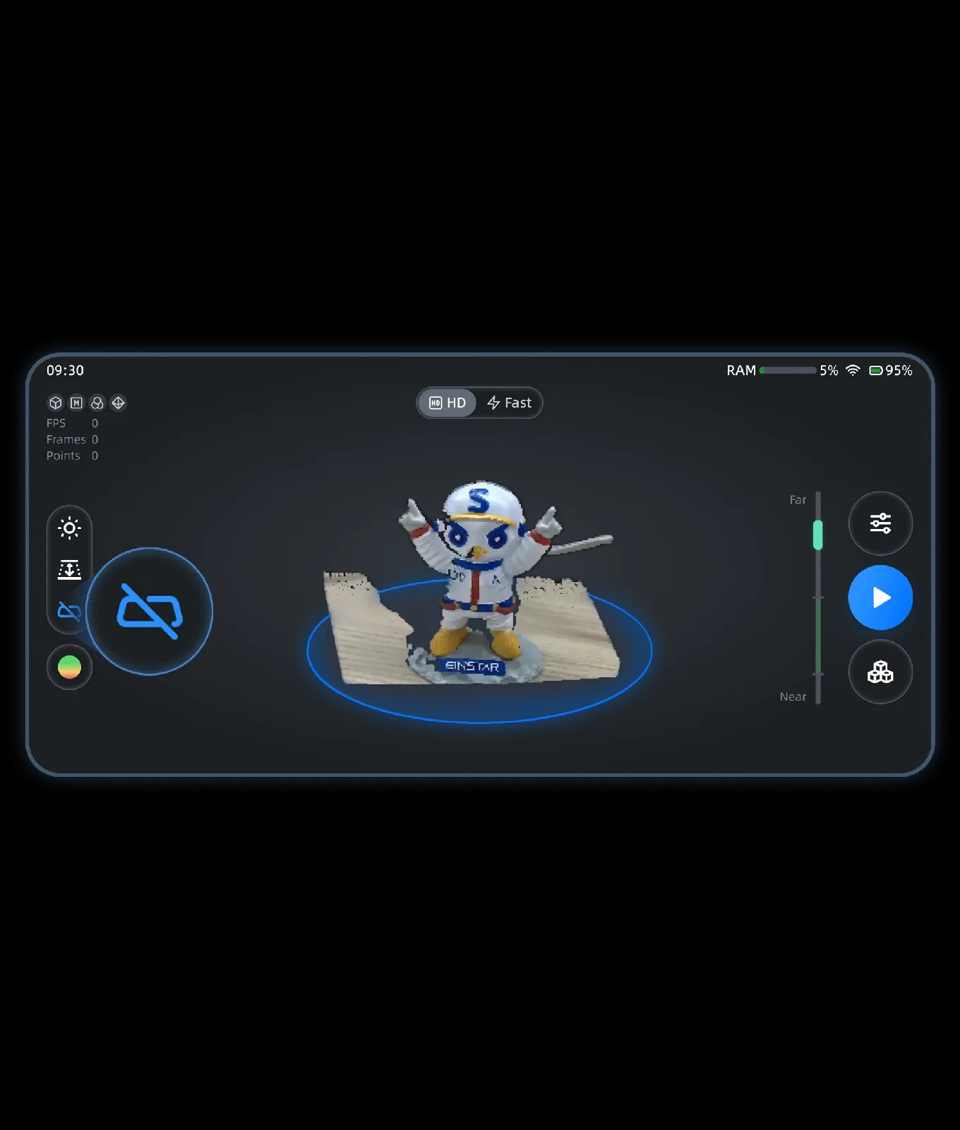 EINSTAR Vega StarVision on-device interface with HD/Fast mode toggle and live FPS and point counts