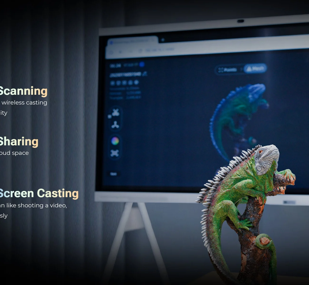 EINSTAR Vega scanning an iguana model wirelessly, cast to a large display over Wi-Fi 6