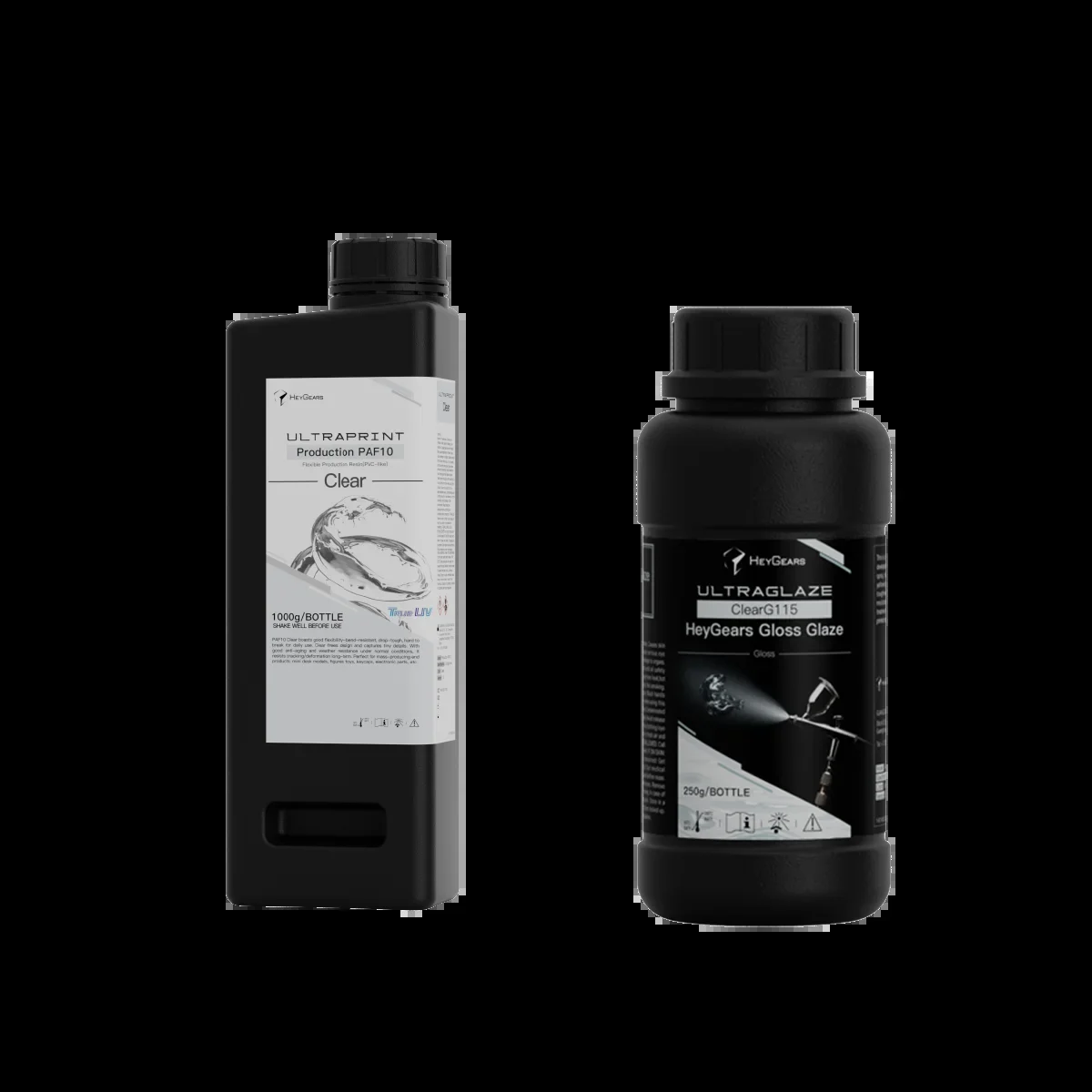 PAF10 Clear resin bottle beside the ClearG115 gloss coat used for full transparency