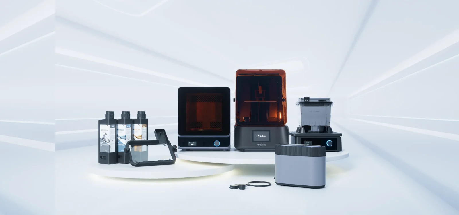 HeyGears Reflex 3D printer ecosystem — printers, wash-and-cure, and PAF10 resin