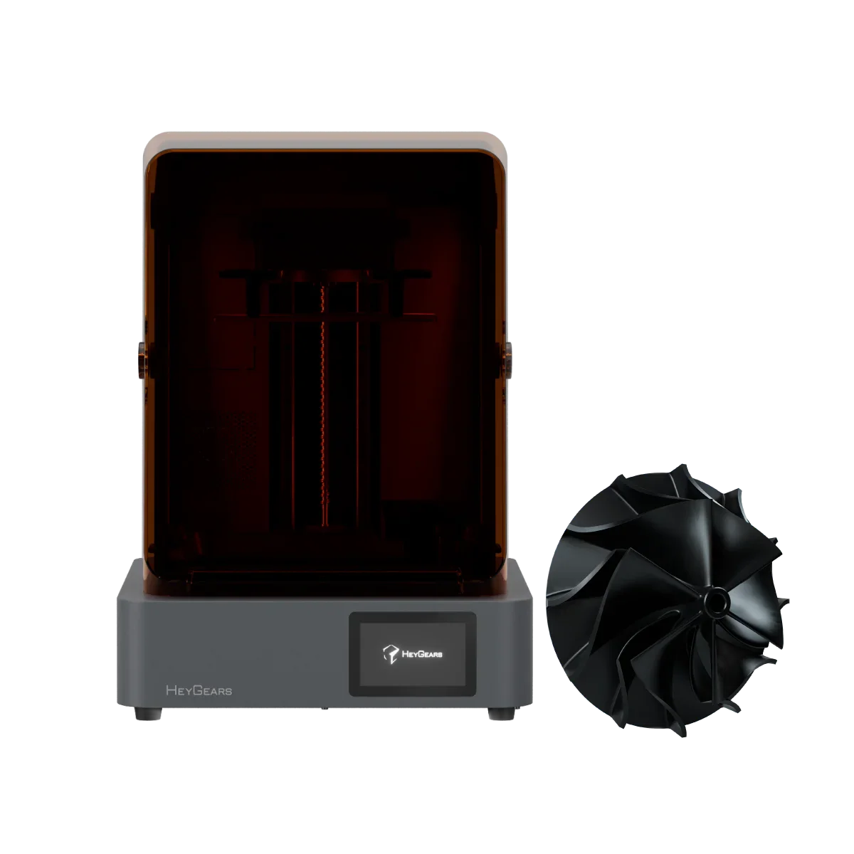 HeyGears Reflex 2 beside a black resin-printed turbine impeller part