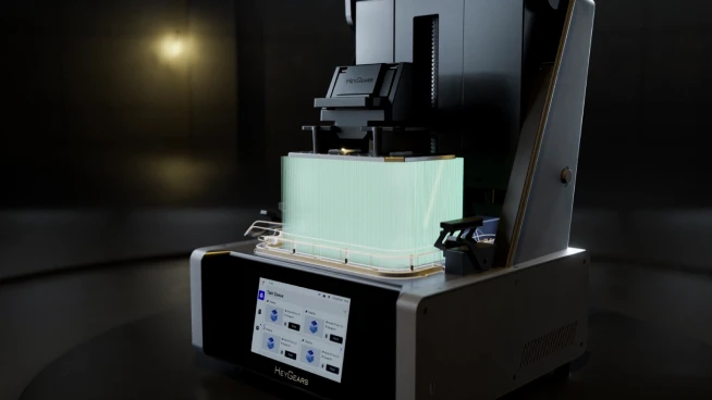 HeyGears UltraCraft Reflex printer with lid open and a full-plate resin print on the build platform