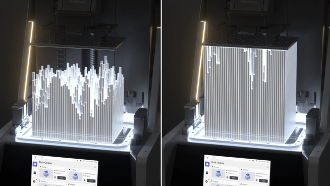 Reflex enhanced material performance comparison showing more uniform print heights across the build plate