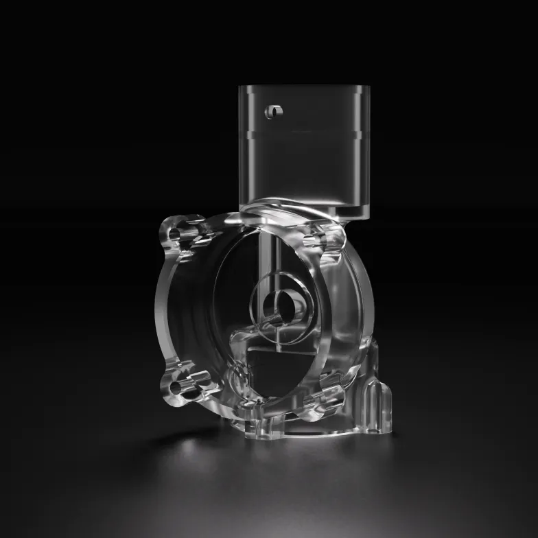 Transparent resin-printed pump housing assembly produced on the HeyGears UltraCraft Reflex