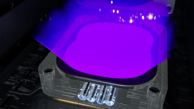 Close-up of the Reflex TrueUV COB light engine casting an even UV field across the masking screen