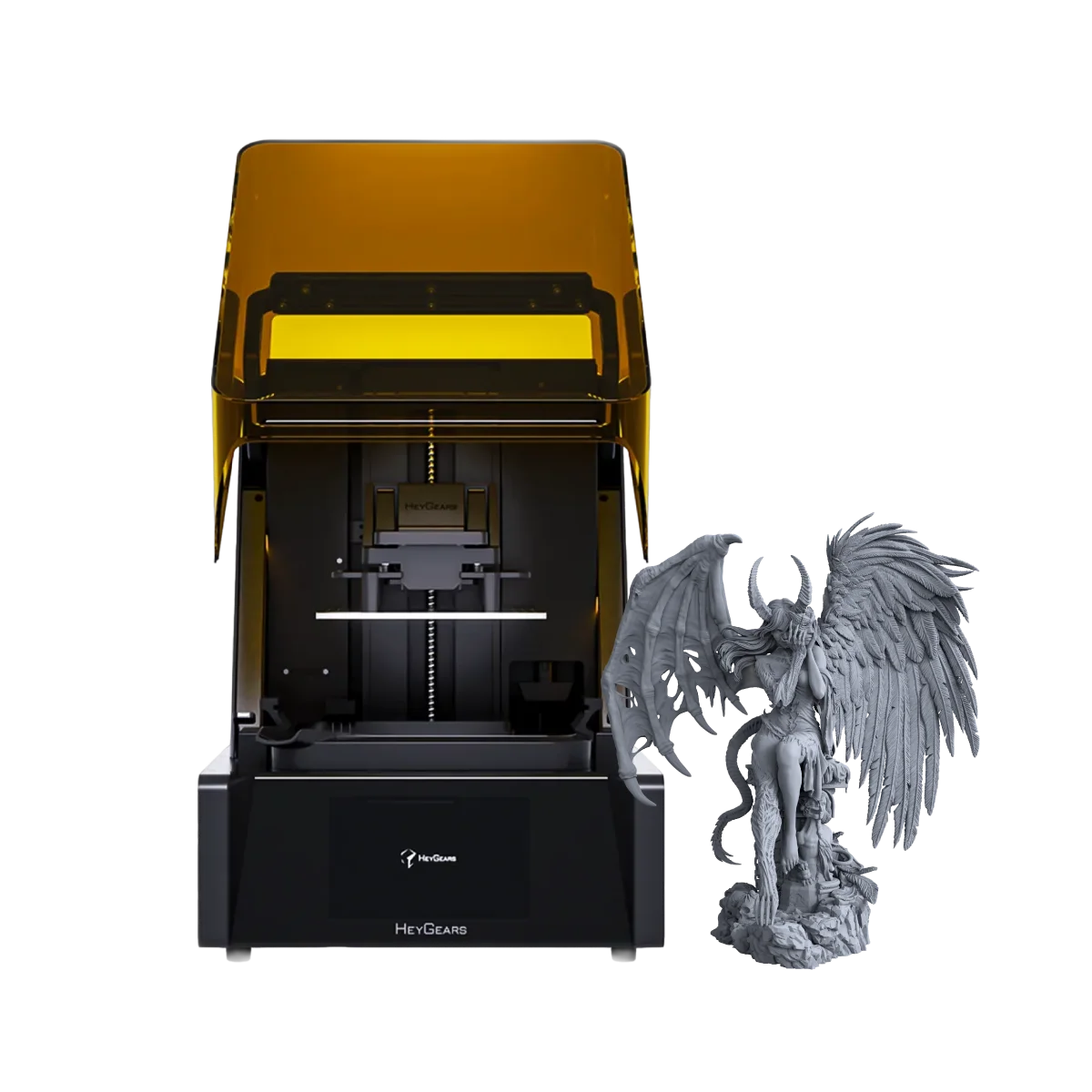 HeyGears UltraCraft Reflex TrueUV resin 3D printer with a detailed grey resin-printed figure