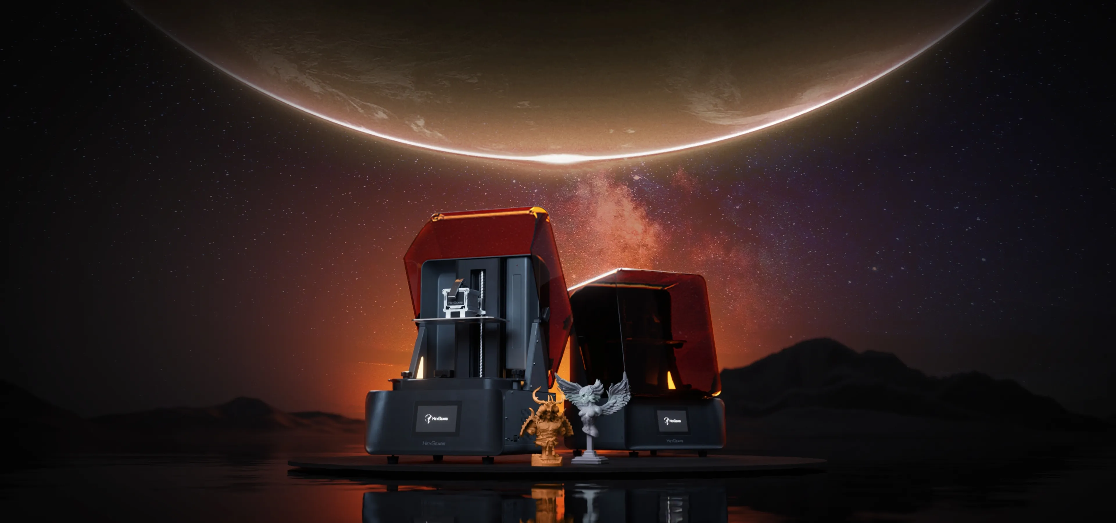 Two HeyGears UltraCraft Reflex RS resin printers with a printed bust under a crescent planet
