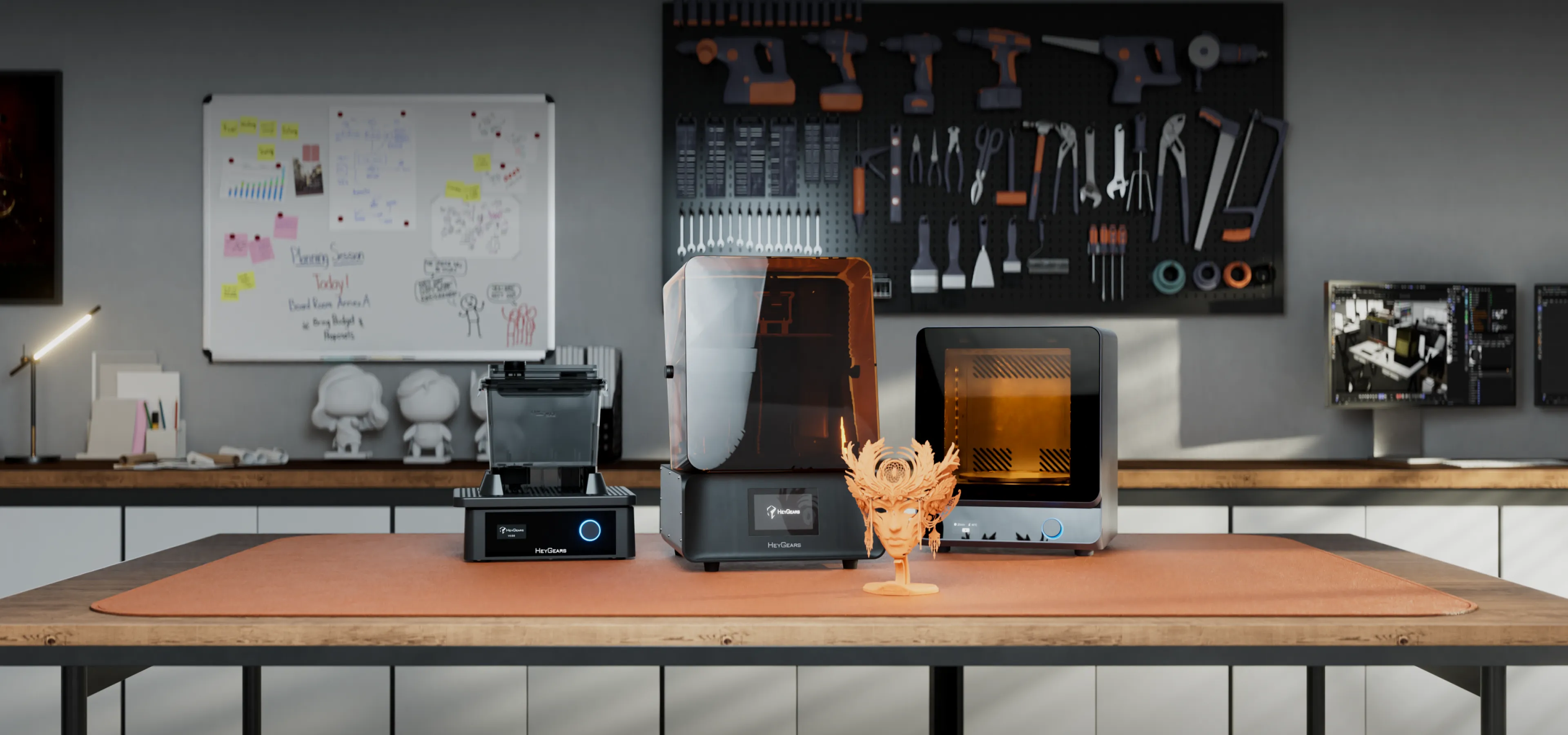 HeyGears UltraCraft Reflex RS printer with wash and cure stations on a production workbench