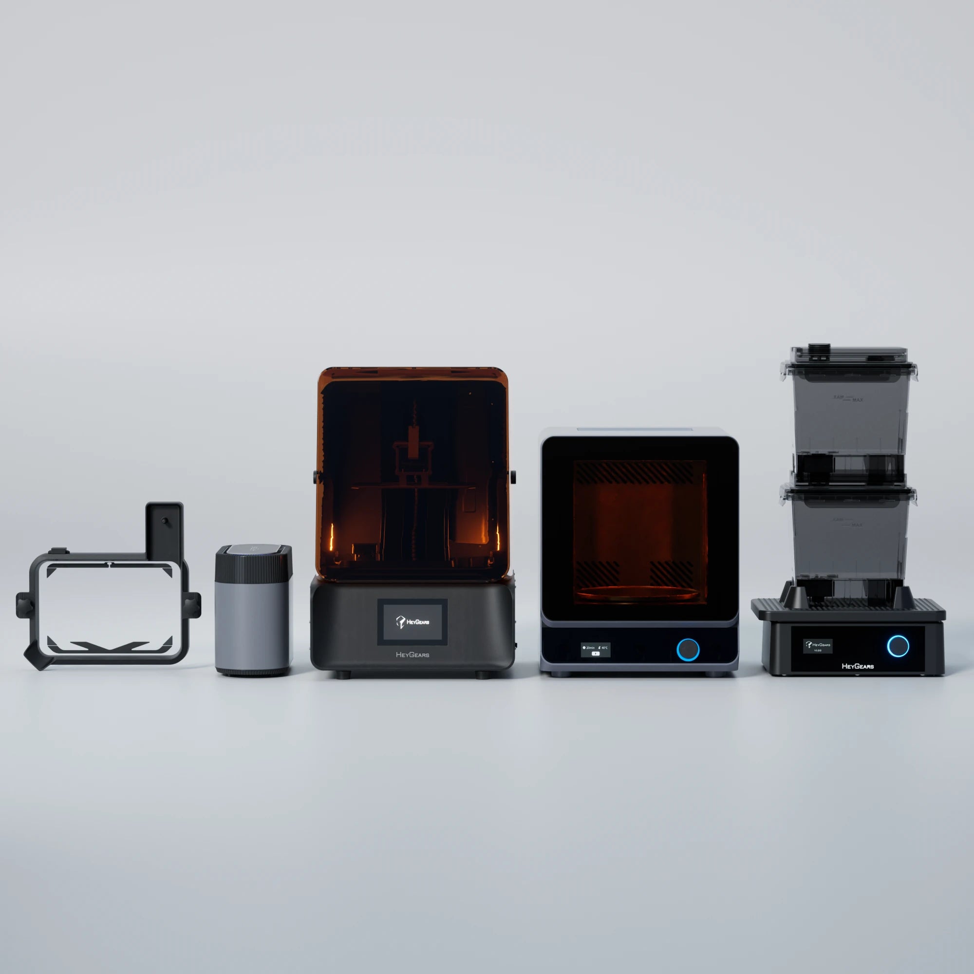 The complete HeyGears UltraCraft Reflex RS resin ecosystem — printer, wash and cure stations with UltraPrint resin