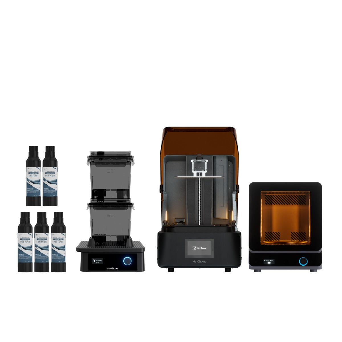 HeyGears UltraCraft Reflex RS Combo system shown with HeyGears UltraPrint PAS10 resin bottles