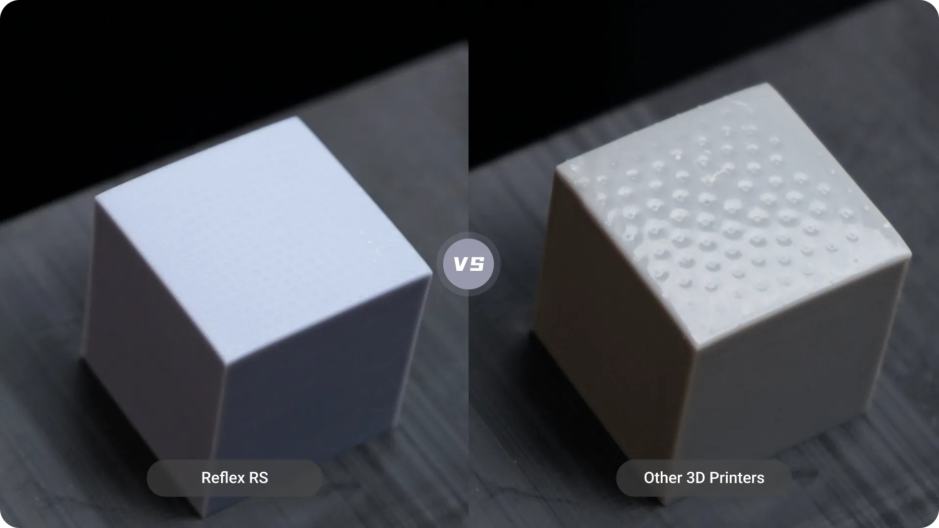 Side-by-side test cubes — the Reflex RS print shows a smooth top surface versus a dimpled top from an ordinary printer