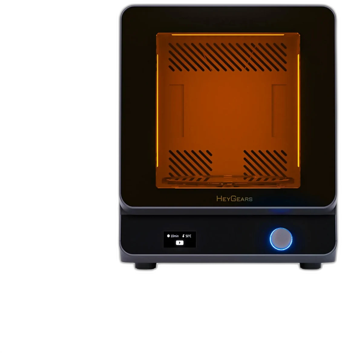 HeyGears UltraCraft Cure station with amber UV interior used to post-cure PAS10 printed parts