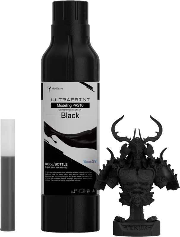 HeyGears UltraPrint PAS10 Black 1 kg bottle beside a deep-matte printed bust showing display-grade detail