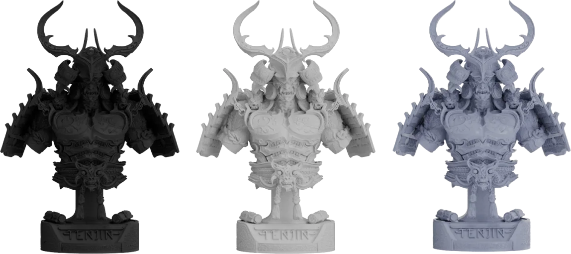 Three identical fine-detail busts printed in PAS10 Black, White and Pale Purple, each with a fully matte surface