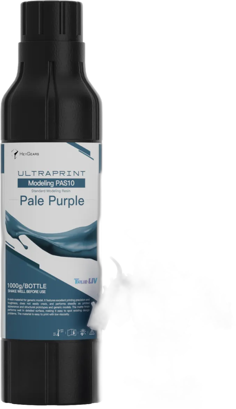 HeyGears UltraPrint PAS10 Pale Purple 1 kg bottle beside a fine-detail printed bust, with True UV branding