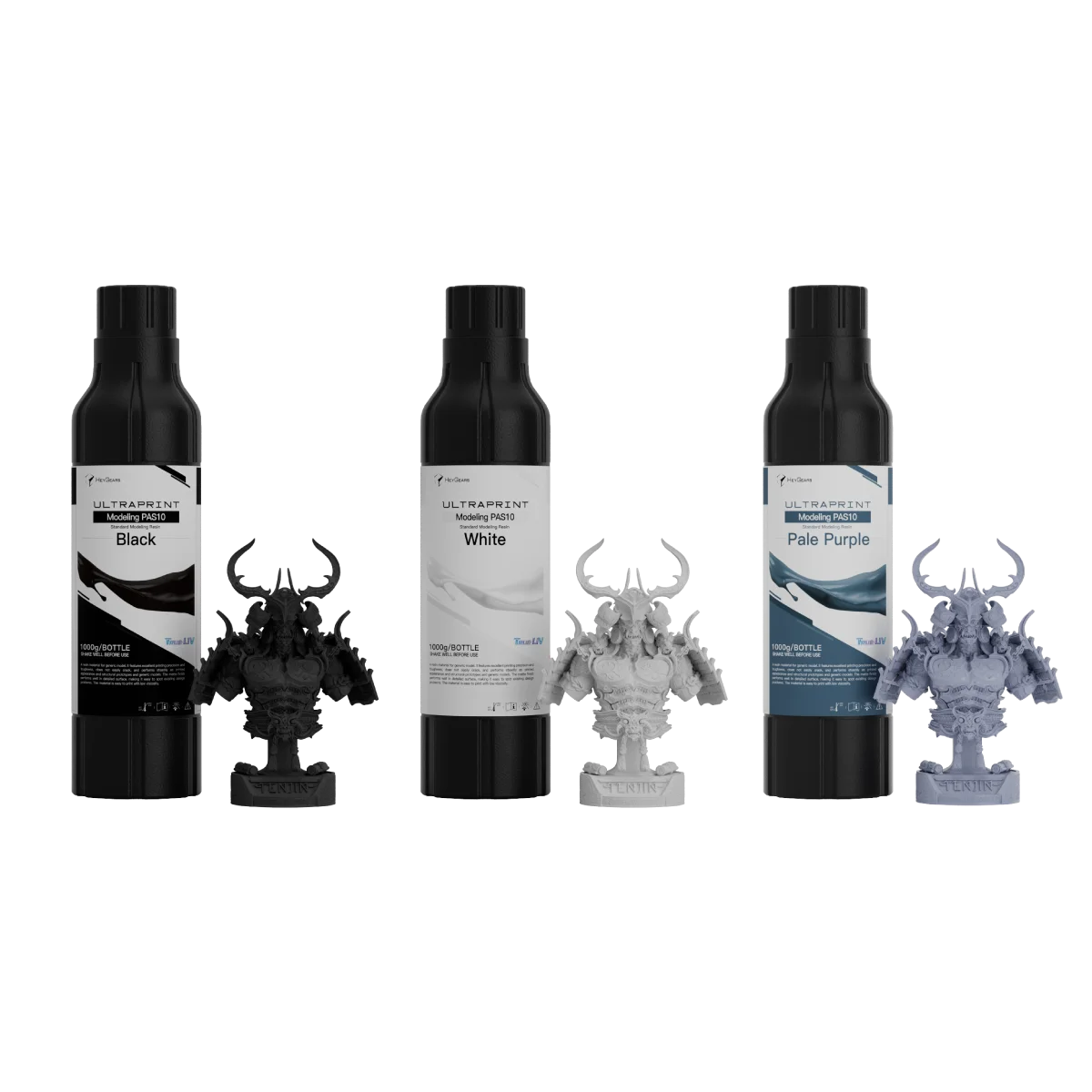 HeyGears UltraPrint PAS10 in Black, White and Pale Purple — three 1 kg bottles each beside a matching printed bust