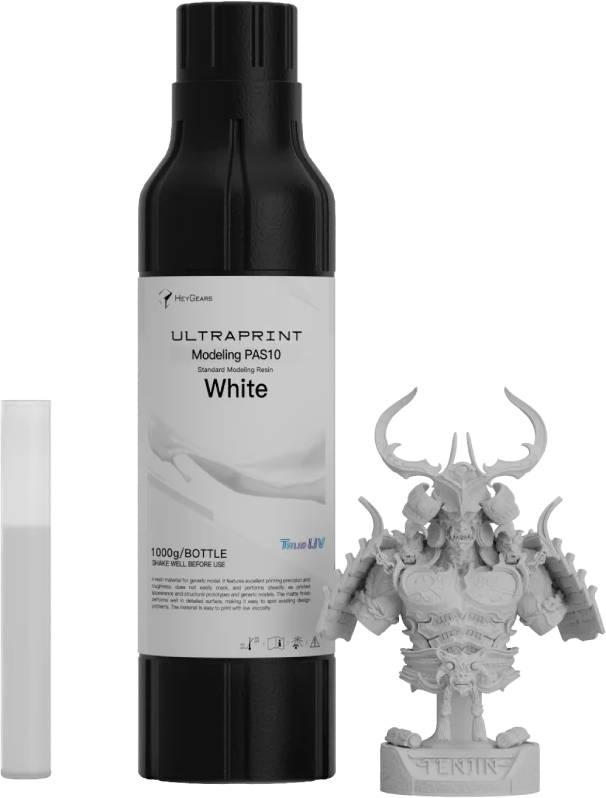 HeyGears UltraPrint PAS10 White 1 kg bottle beside a printed bust showing fine surface detail