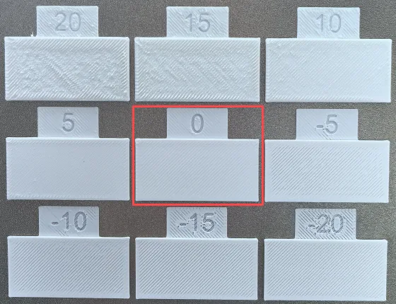 Printed flow rate tabs with the 0 tab marked as the best surface finish