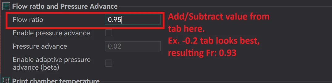 Flow ratio field in filament settings showing how to add or subtract the chosen tab value
