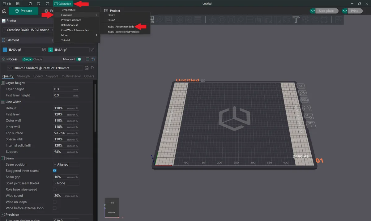 CreatWare calibration menu with Flow rate and YOLO Recommended selected