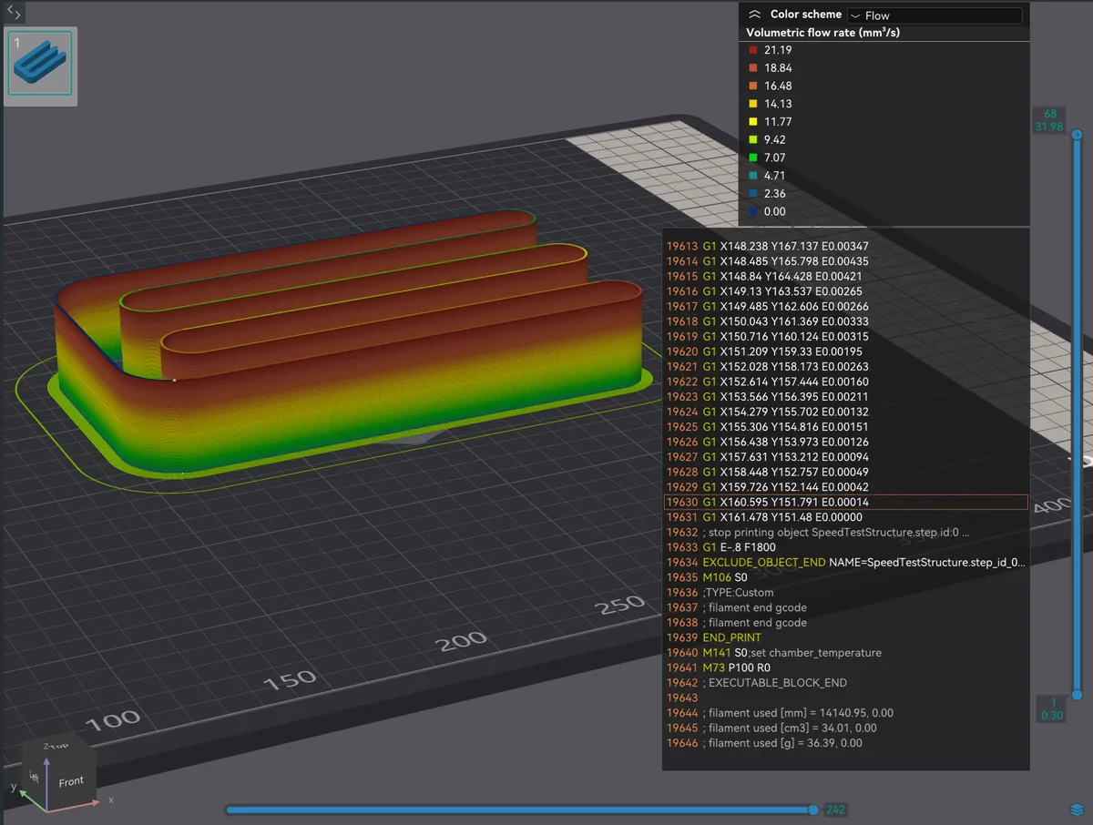 Slicer preview with colour scheme set to Flow showing the volumetric flow rate scale