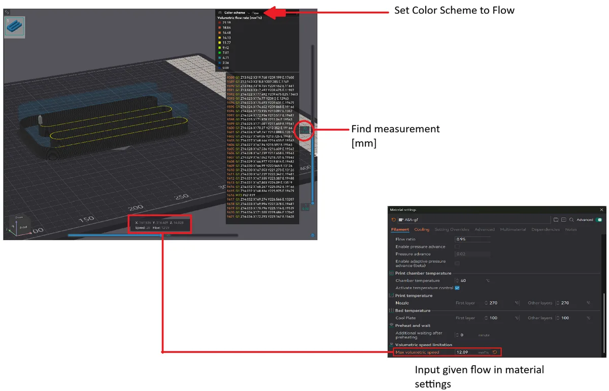Measuring the defect height, reading the flow value and entering max volumetric speed in material settings