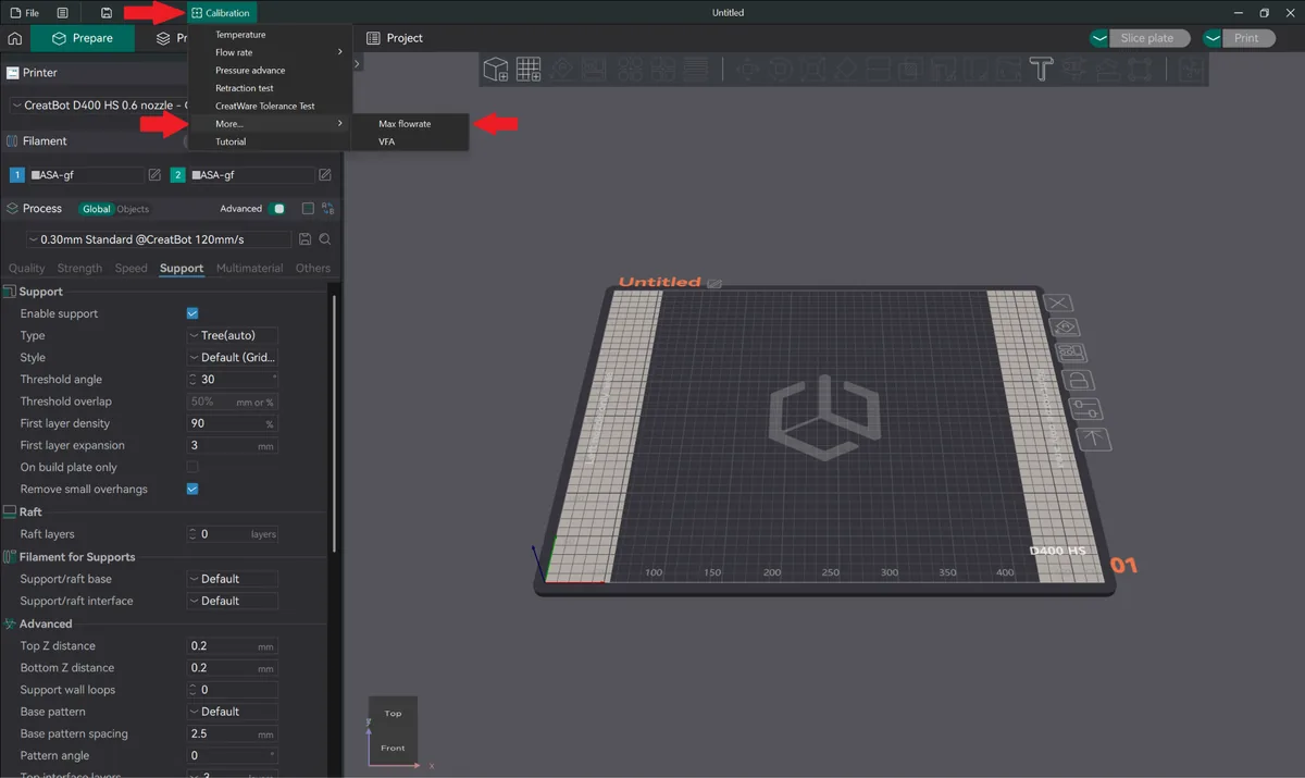CreatWare calibration menu with More expanded and Max flowrate selected