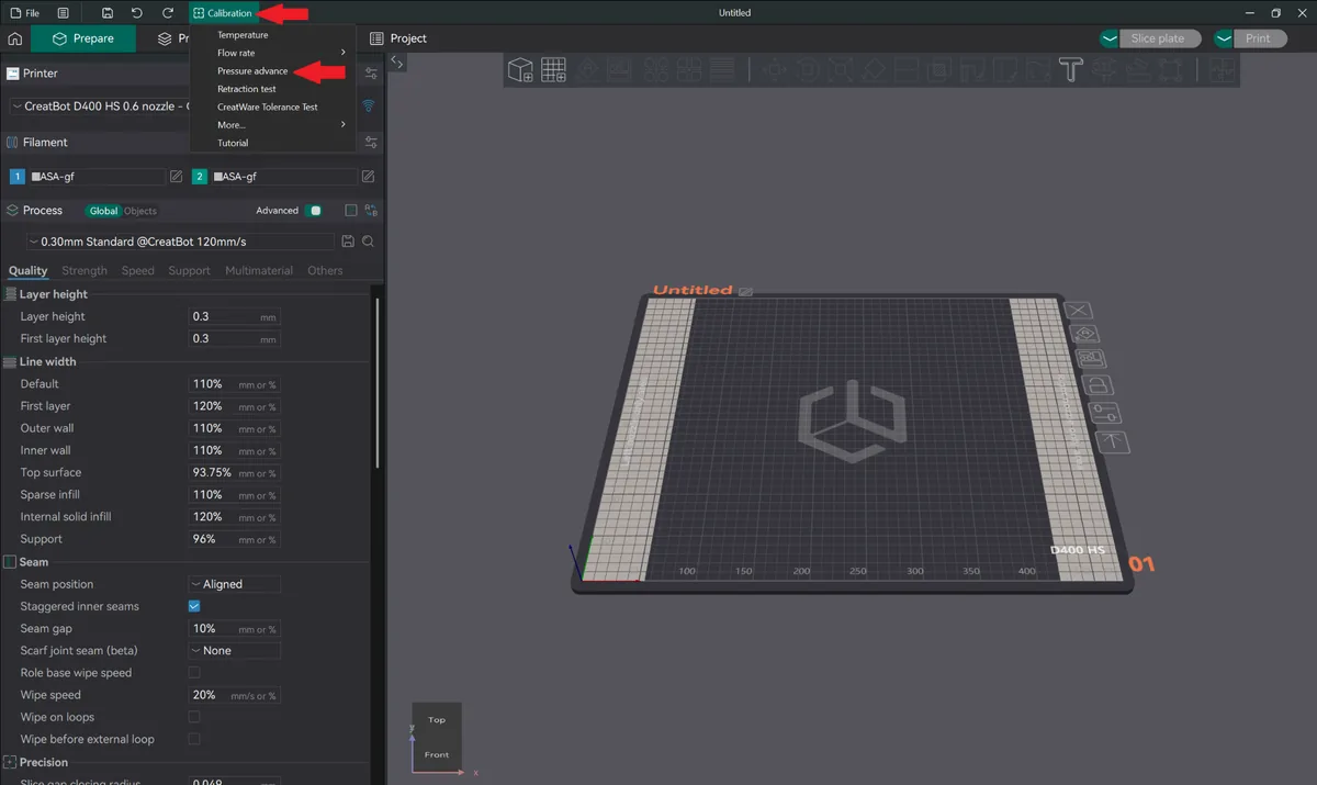 CreatWare calibration menu open on a CreatBot D400 HS with Pressure advance highlighted