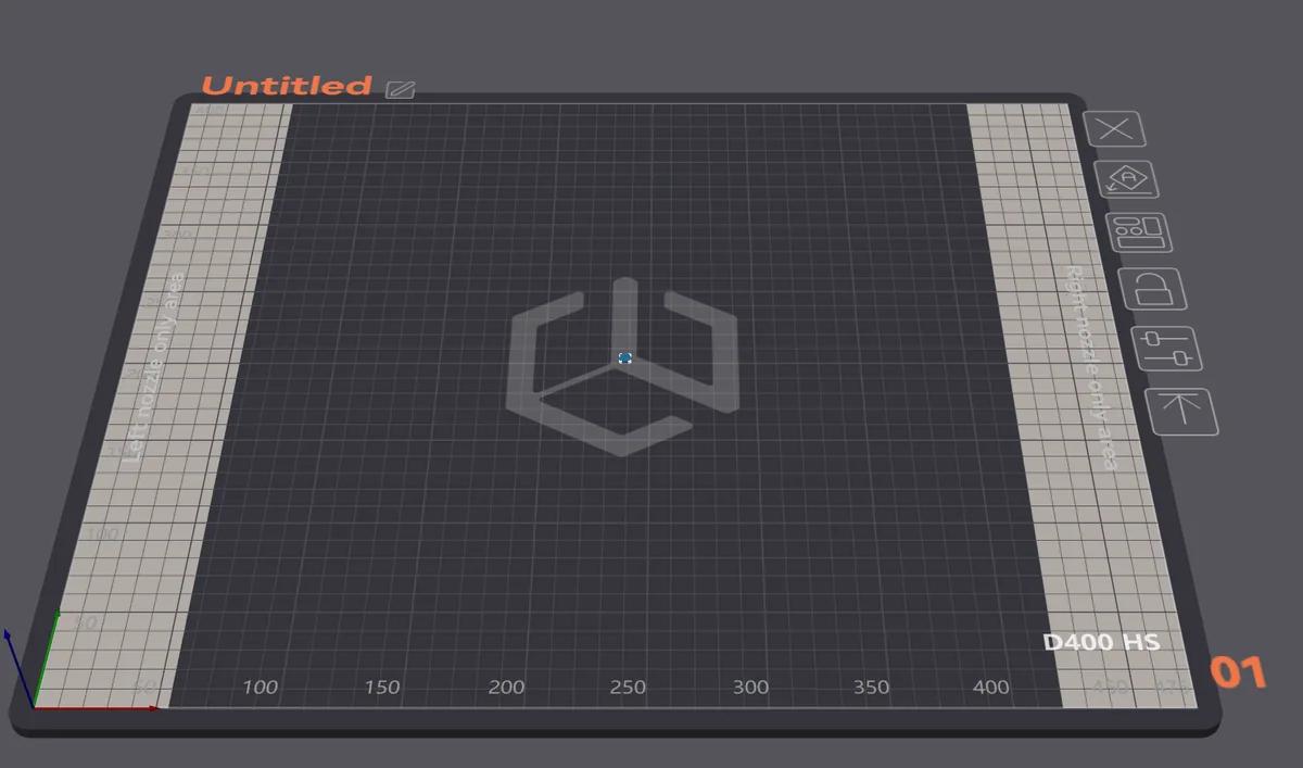 Empty CreatBot D400 HS build plate ready for a scaled-up cube primitive