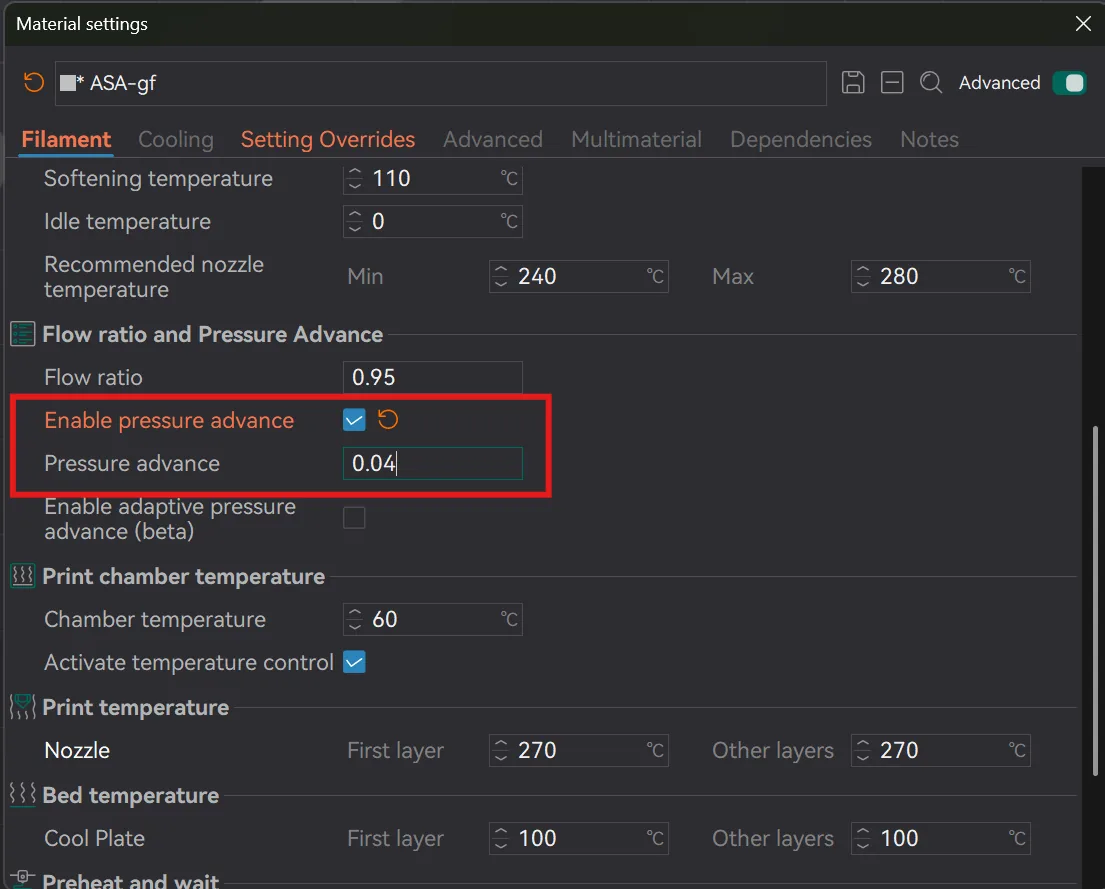 Pressure advance value 0.04 entered in the filament material settings