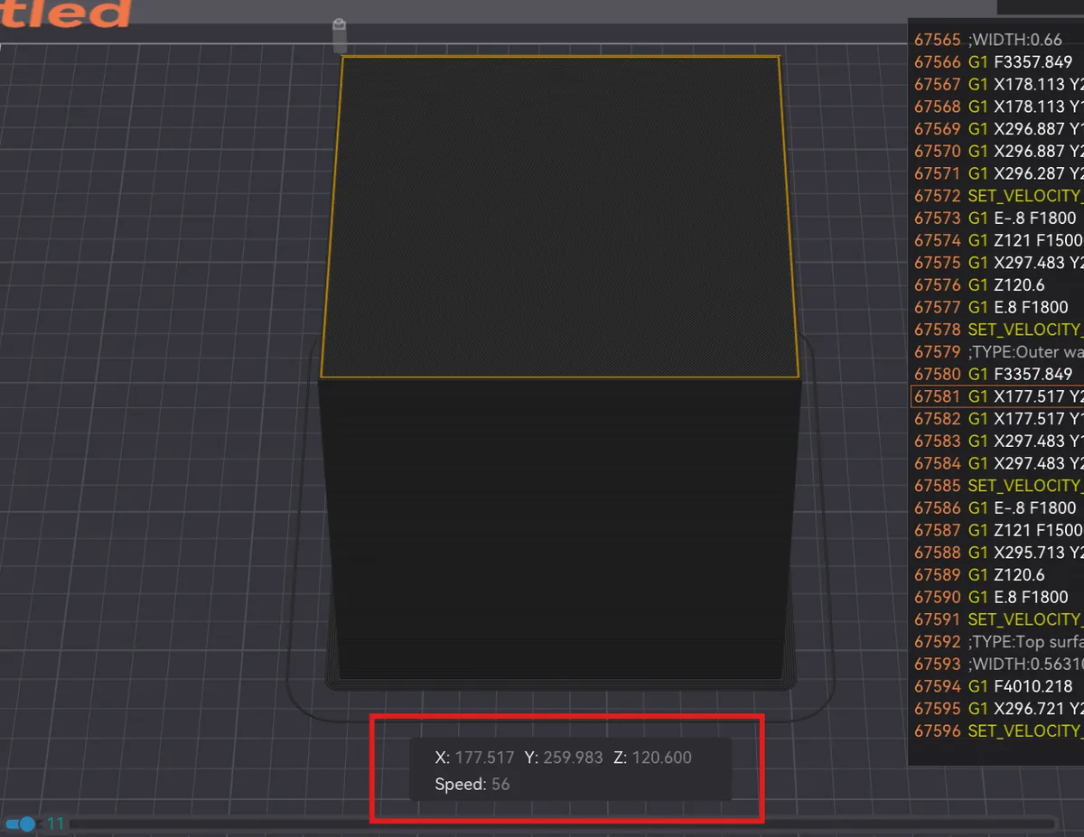 Sliced cube G-code preview showing the outer wall only reaching 56 mm per second