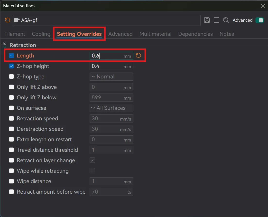 Retraction length 0.6 mm entered under Setting Overrides in the filament preset