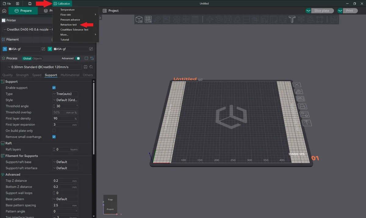 CreatWare calibration menu with Retraction test selected