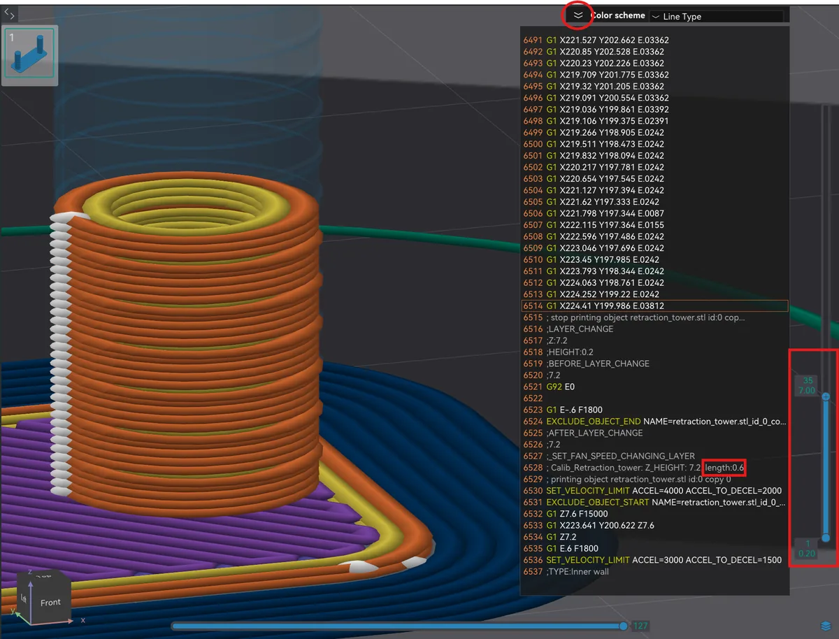 G-code preview slider used to read the retraction length of 0.6 mm for the chosen ring
