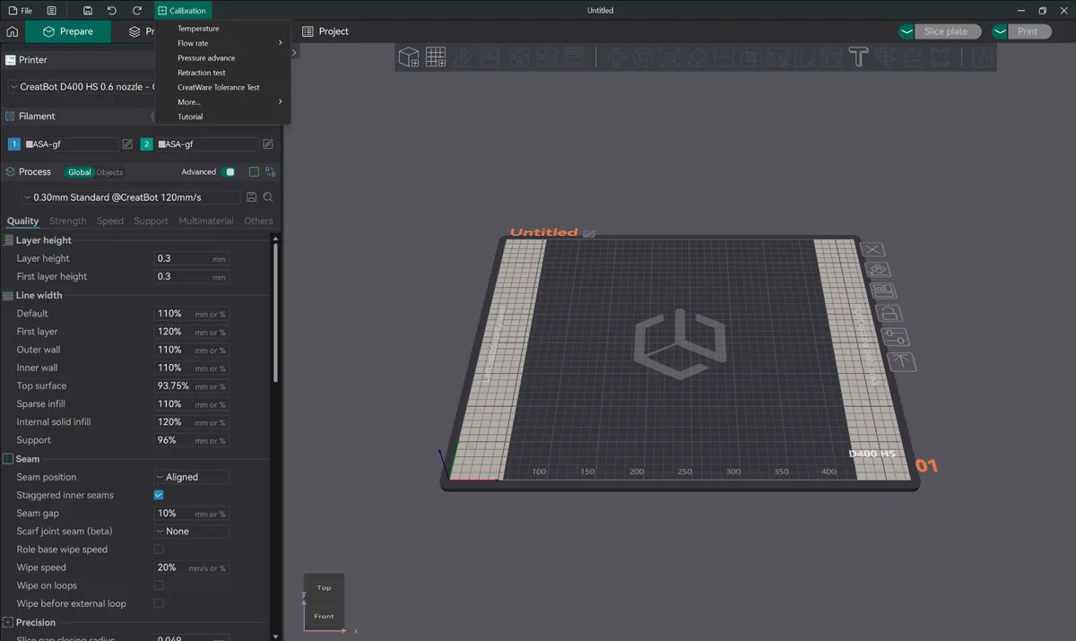 CreatWare calibration menu with Temperature selected