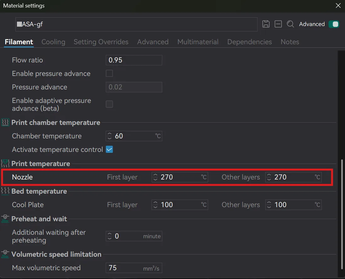 Chosen nozzle temperature entered in the filament print temperature settings
