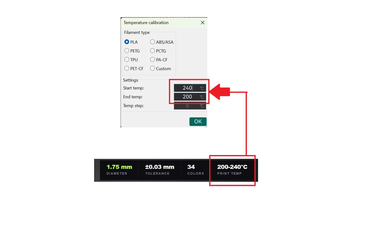 Temperature calibration dialog with start and end temperature taken from the 200 to 240 C spool label