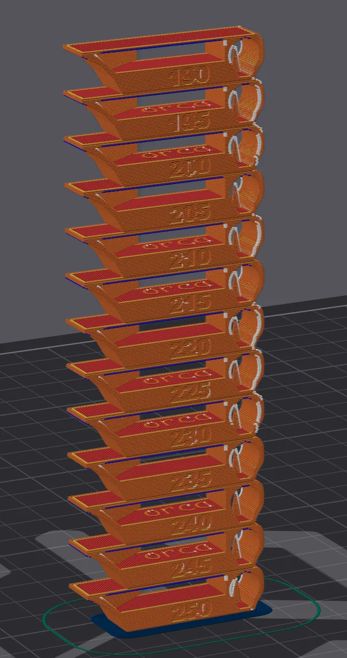 Full sliced temperature tower stepping from 190 C to 250 C in 5 degree increments