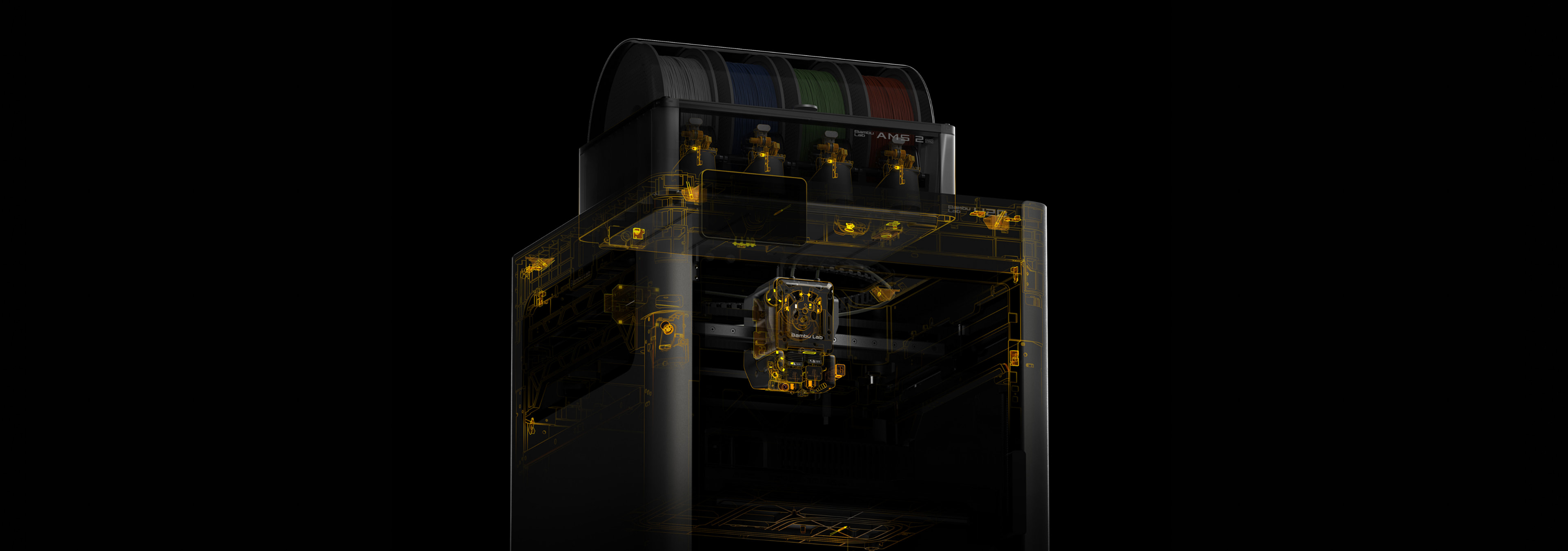 Bambu Lab H2D AI perception — golden wireframe x-ray of full H2D and AMS 2 system revealing sensors, motion paths, and toolhead intelligence on pure black background