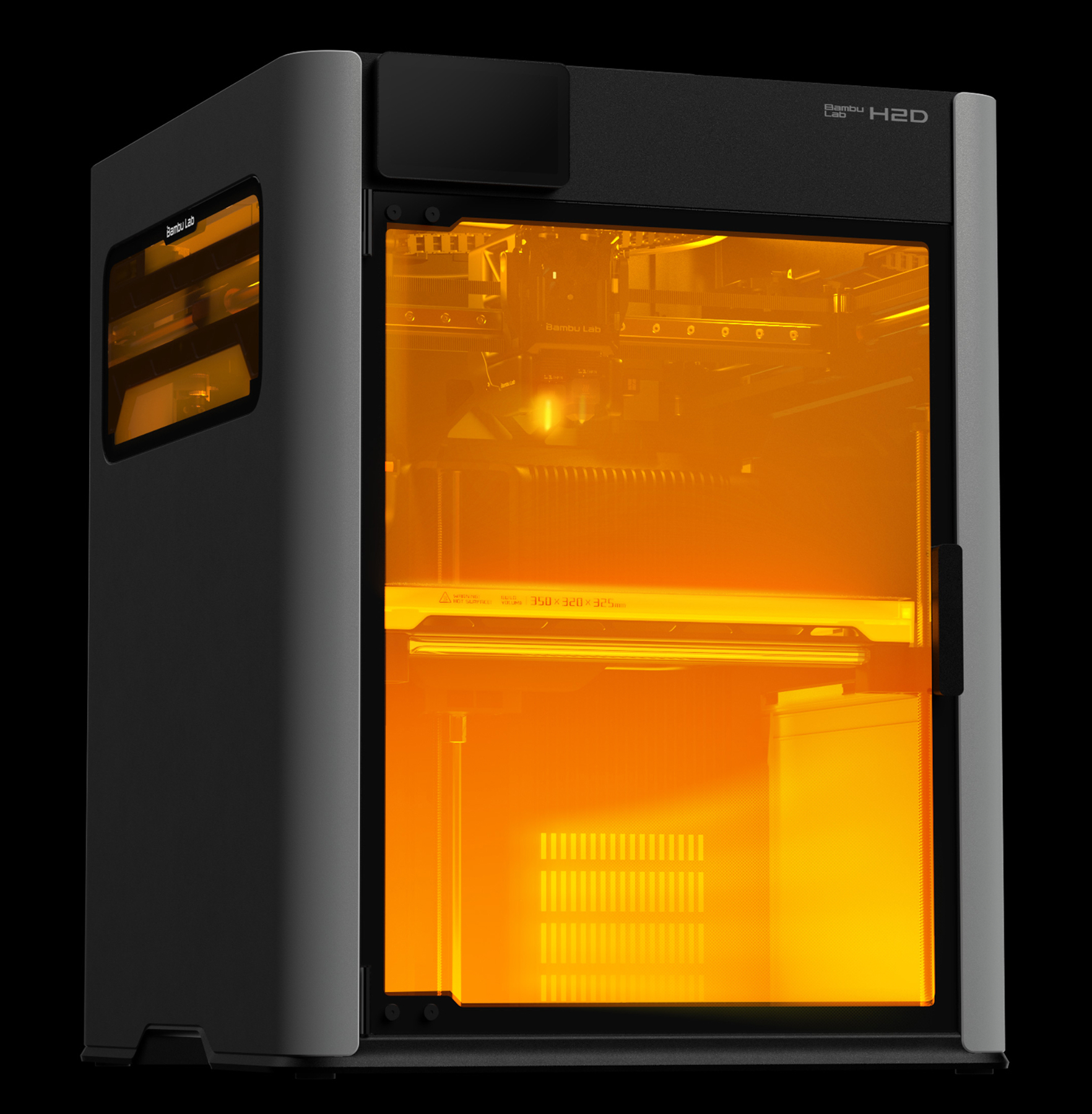 Bambu Lab H2D heated chamber — 65°C active chamber heating glows amber through the front glass door, pure black background