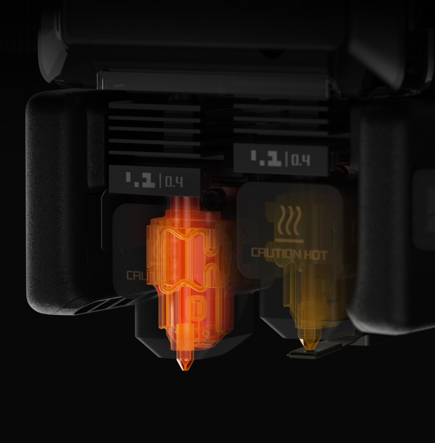 Bambu Lab H2D dual-nozzle toolhead — x-ray thermal reveal showing left nozzle at full heat (orange glow) and right nozzle at standby, independent temperature displays, pure black background